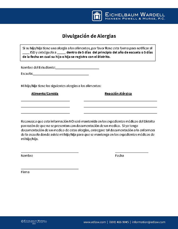 Food Allergy Disclosure – Spanish Version