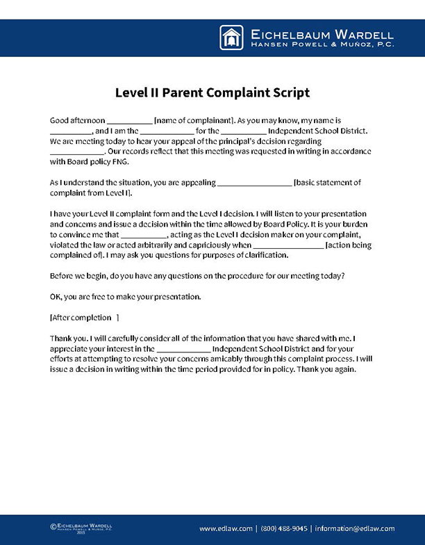 Level II Parent Complaint Script